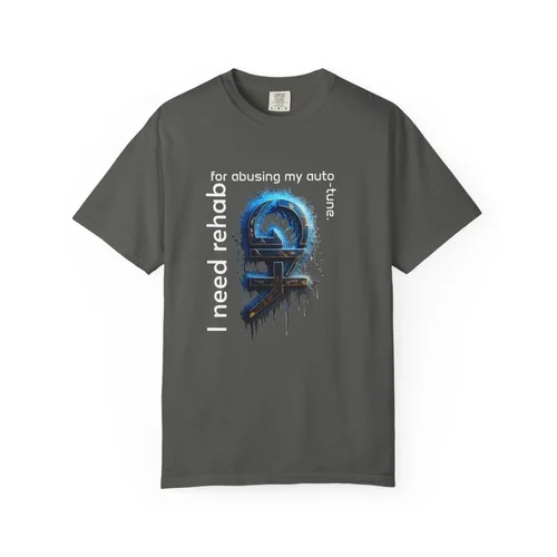 Gray T-shirt with graphic design featuring a stylized symbol and text that reads 'for abusing my auto I need rehab + tune'.