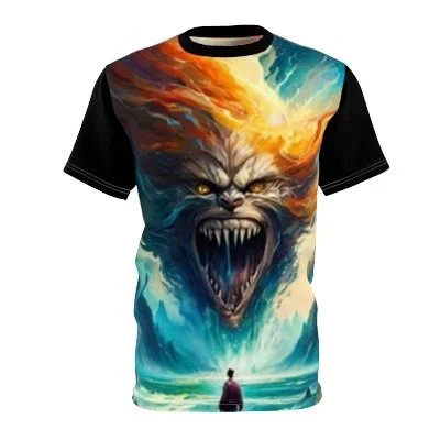 A T-shirt with a design of a fierce lion's face emerging from clouds, with a small person standing in front of it.