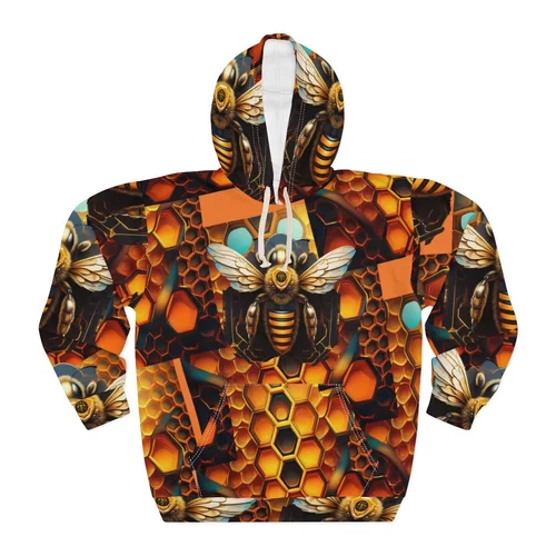 Colorful hoodie featuring bees, honeycombs, and honey bees in a detailed pattern.