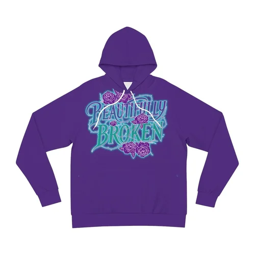 Purple hoodie with neon-style text and purple roses graphic reading 'Beautifully Broken'