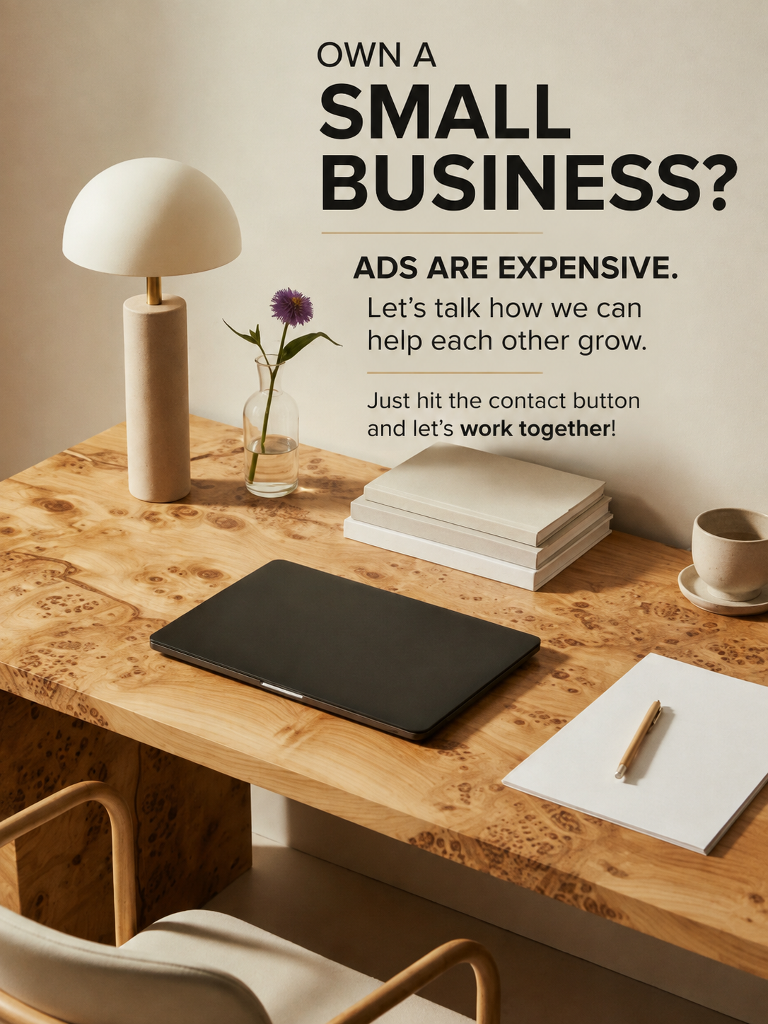 A wooden desk with a black closed laptop, a white notepad with a pen, a stack of white notebooks, a ceramic cup and saucer, a small vase with a purple flower, and a modern table lamp, with a poster on the wall behind that reads, "Own a small business? Ads are expensive. Let's talk how we can help each other grow. Just hit the contact button and let's work together!"