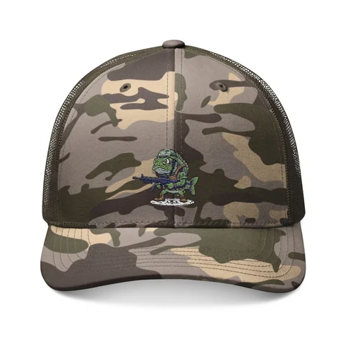 Camouflage trucker cap with mesh back and embroidered frog soldier holding a rifle.