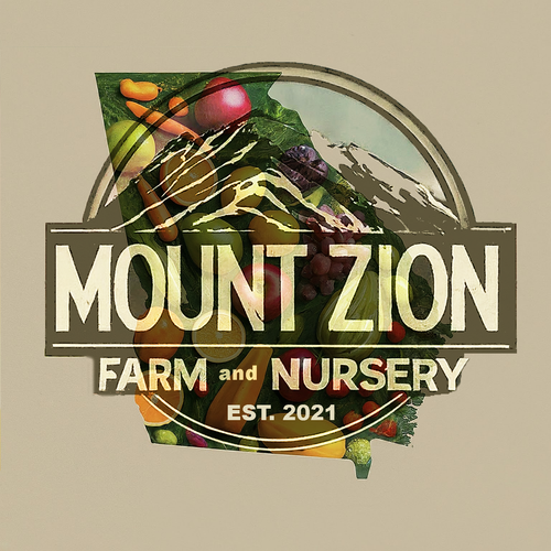Logo for Mount Zion Farm and Nursery, established in 2021, featuring a colorful illustration of various fruits and vegetables.