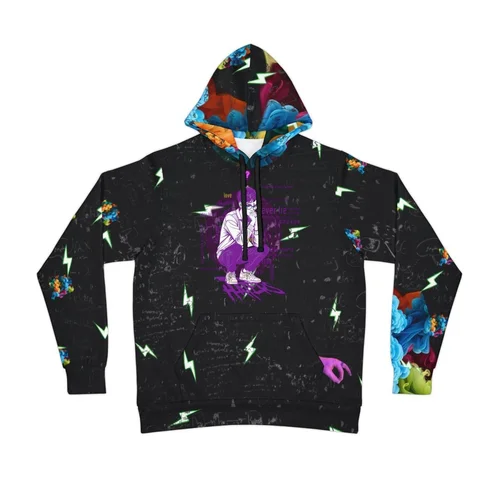 Black hoodie with colorful cloud, lightning, and abstract designs, featuring a purple and white illustration of a person squatting, with text that is partially visible.