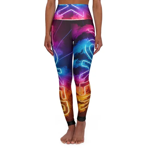 Colorful leggings with a neon light design and abstract sky scene.