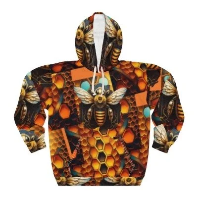 Hooded sweatshirt with a bee and honeycomb pattern in black, orange, and yellow colors.