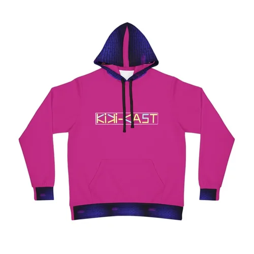 Bright pink hoodie with a black and purple dotted hood, black drawstrings, and a front pocket. The hoodie has a neon-style text logo on the front reading 'KIKI-CAST' in colorful, glowing letters.