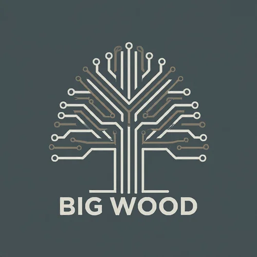 A logo featuring a stylized digital circuit tree design with the text 'Big Wood' underneath.