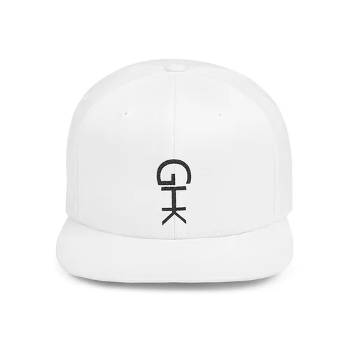 White baseball cap with black inverted symbol on front.