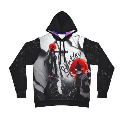 Custom black streetwear hoodie featuring a mini cartoon character graphic layout.

