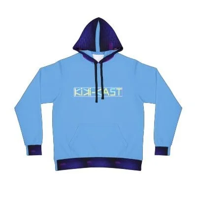 Light blue hoodie with dark purple accents and a colorful logo on the front.