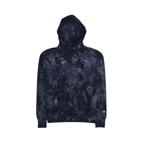Black tie-dye hoodie with a front pocket, a small embroidered logo on the chest, and a Champion logo on the sleeve.