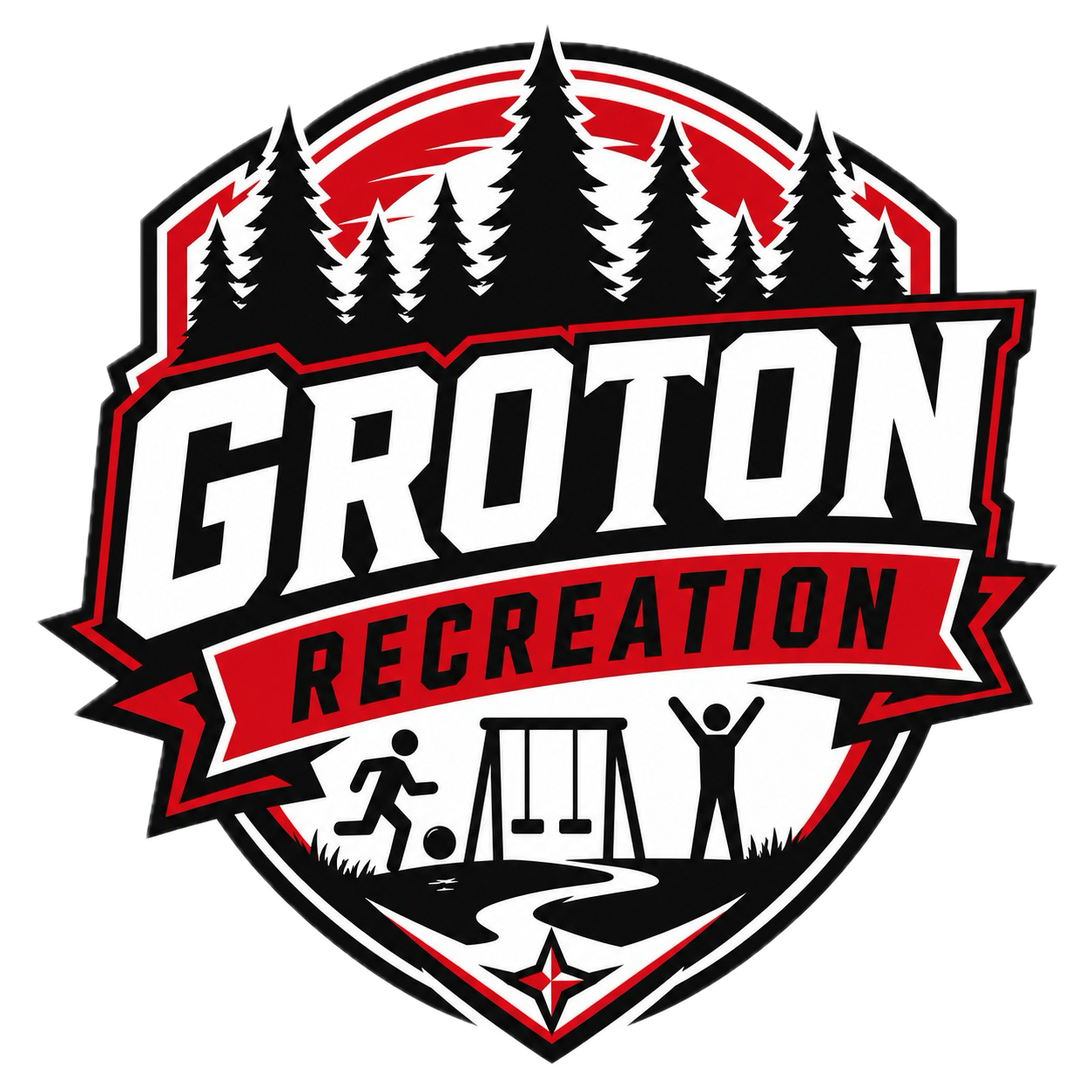 Logo for Groton Recreation, featuring pine trees, a running figure, a soccer ball, swings, and play structures.