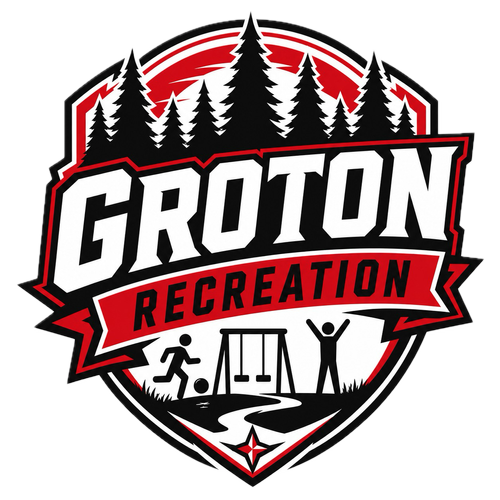 Logo for Groton Recreation, featuring pine trees, a running figure, a soccer ball, swings, and play structures.