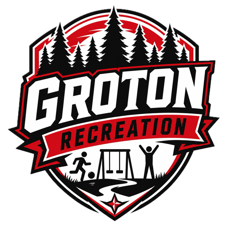 Logo for Groton Recreation, featuring pine trees, a running figure, a soccer ball, swings, and play structures.