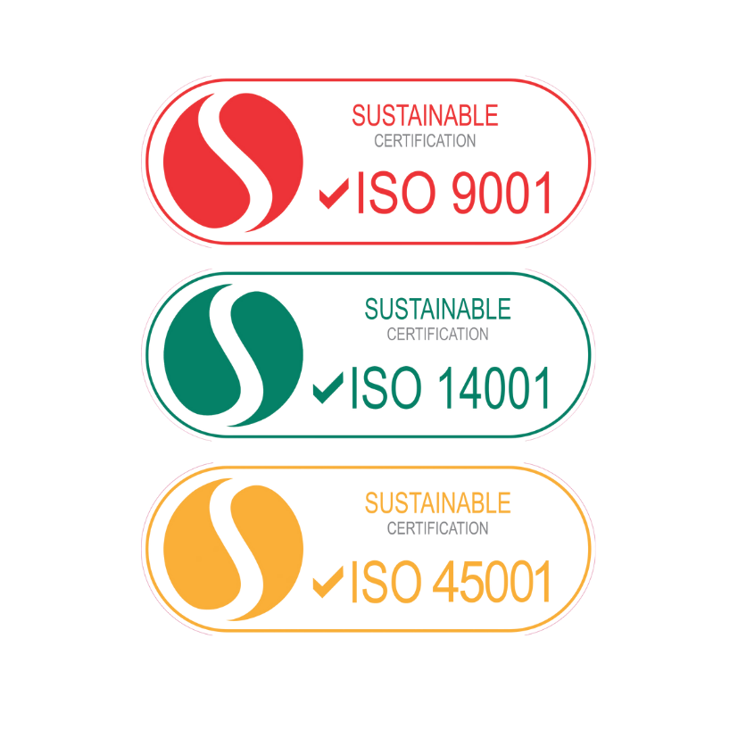 Three oval badges in red, green, and yellow colors indicating ISO certifications for sustainability, with checkmarks and certification numbers for ISO 9001, ISO 14001, and ISO 45001.