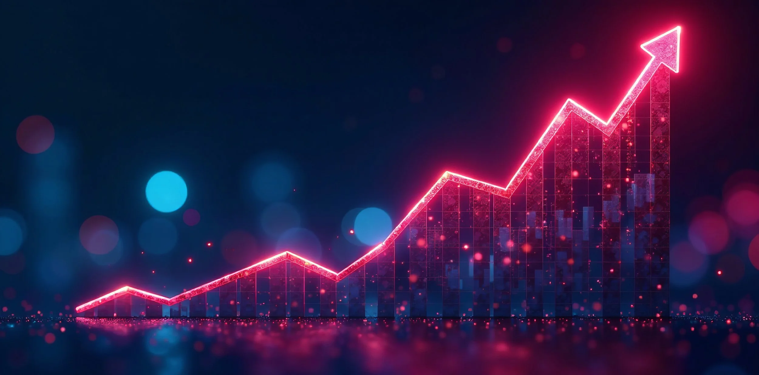 A digital illustration of a bright pink, glowing line graph trending upward with a sharply rising arrow at the end, set against a dark background with colorful bokeh effects.