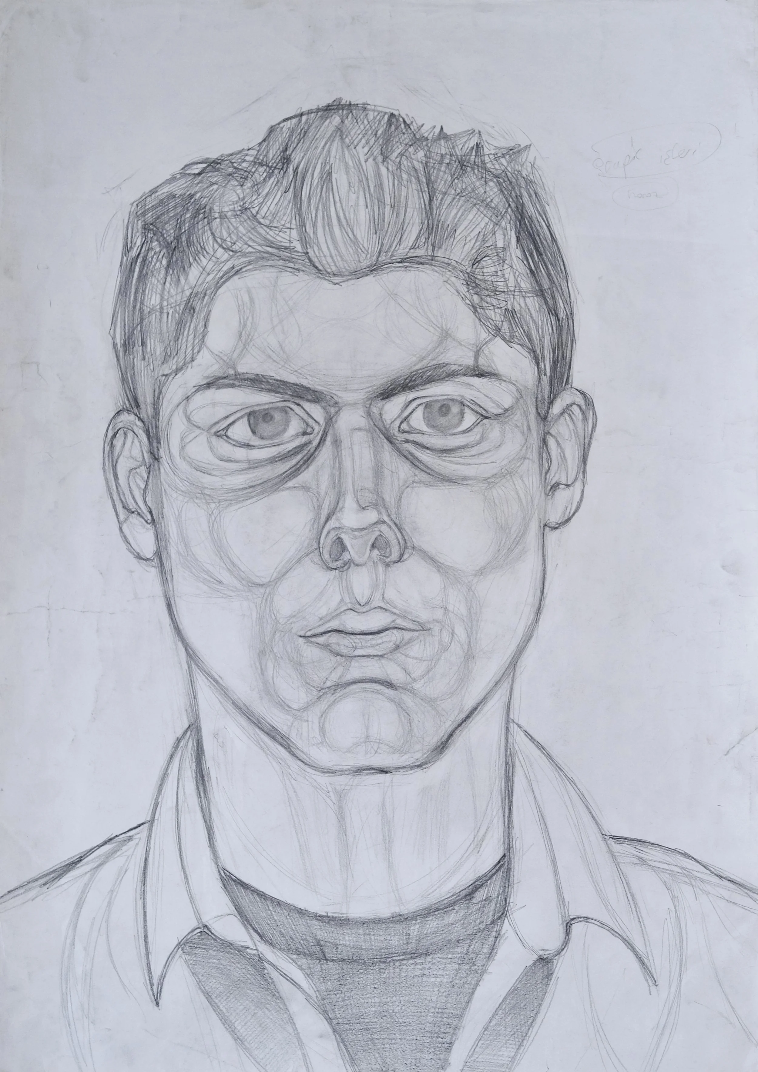 A pencil sketch of a person with short hair, glasses, and a serious expression, wearing a collared shirt and a t-shirt underneath.