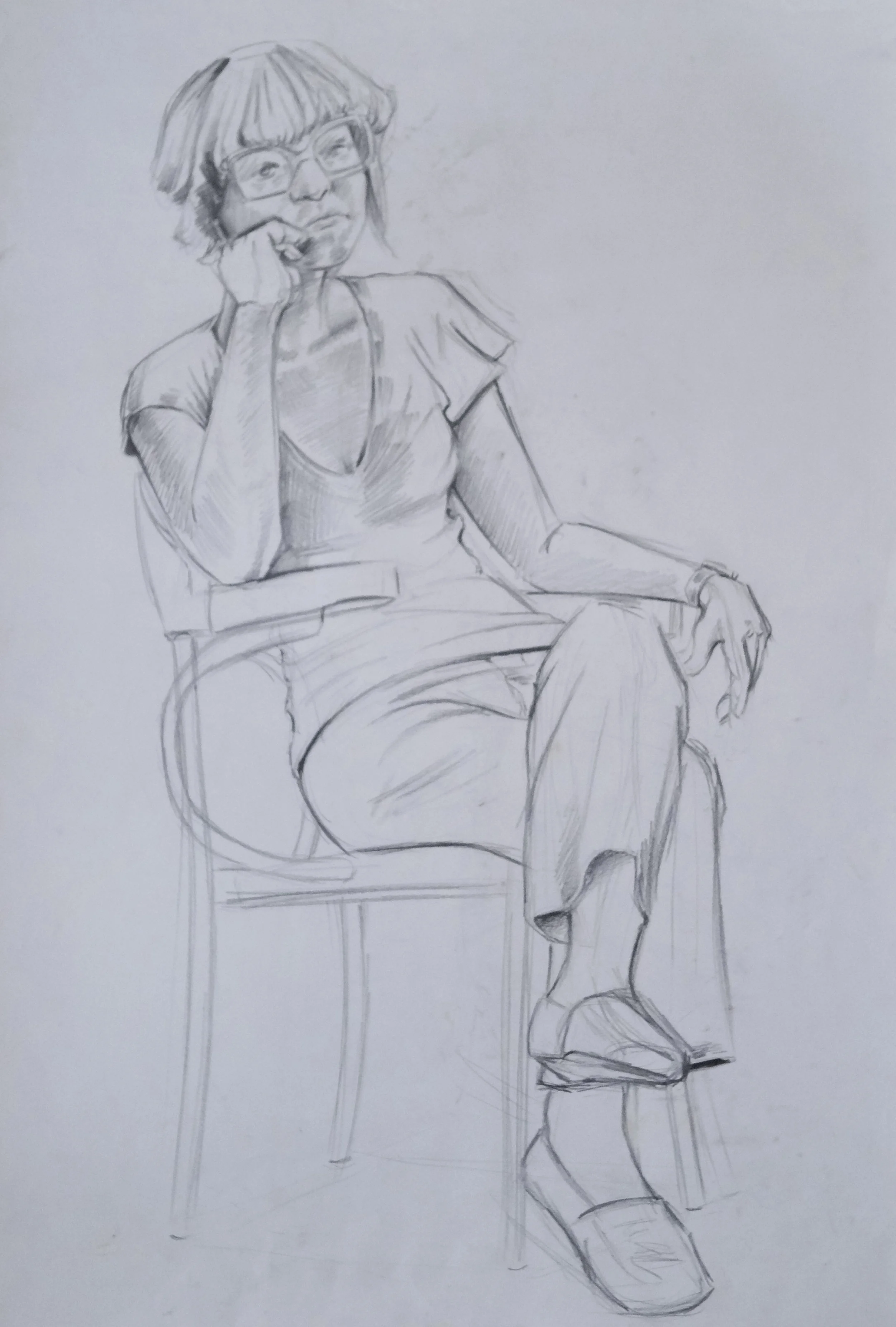 A detailed pencil sketch of a woman sitting on a chair, talking on the phone, wearing glasses, a V-neck shirt, pants, and shoes.
