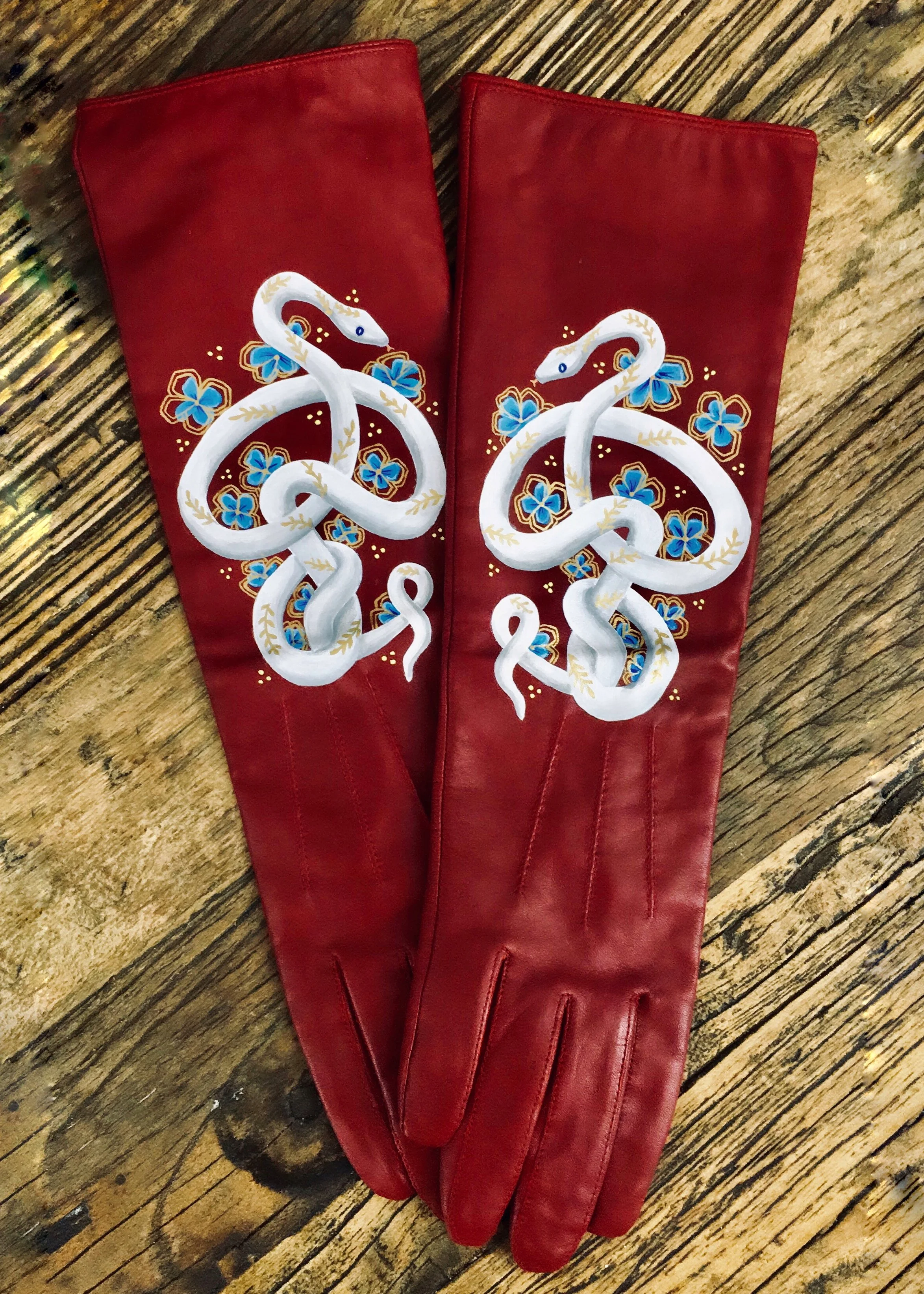 Red leather gloves with a painted white snake entwined around blue flowers.