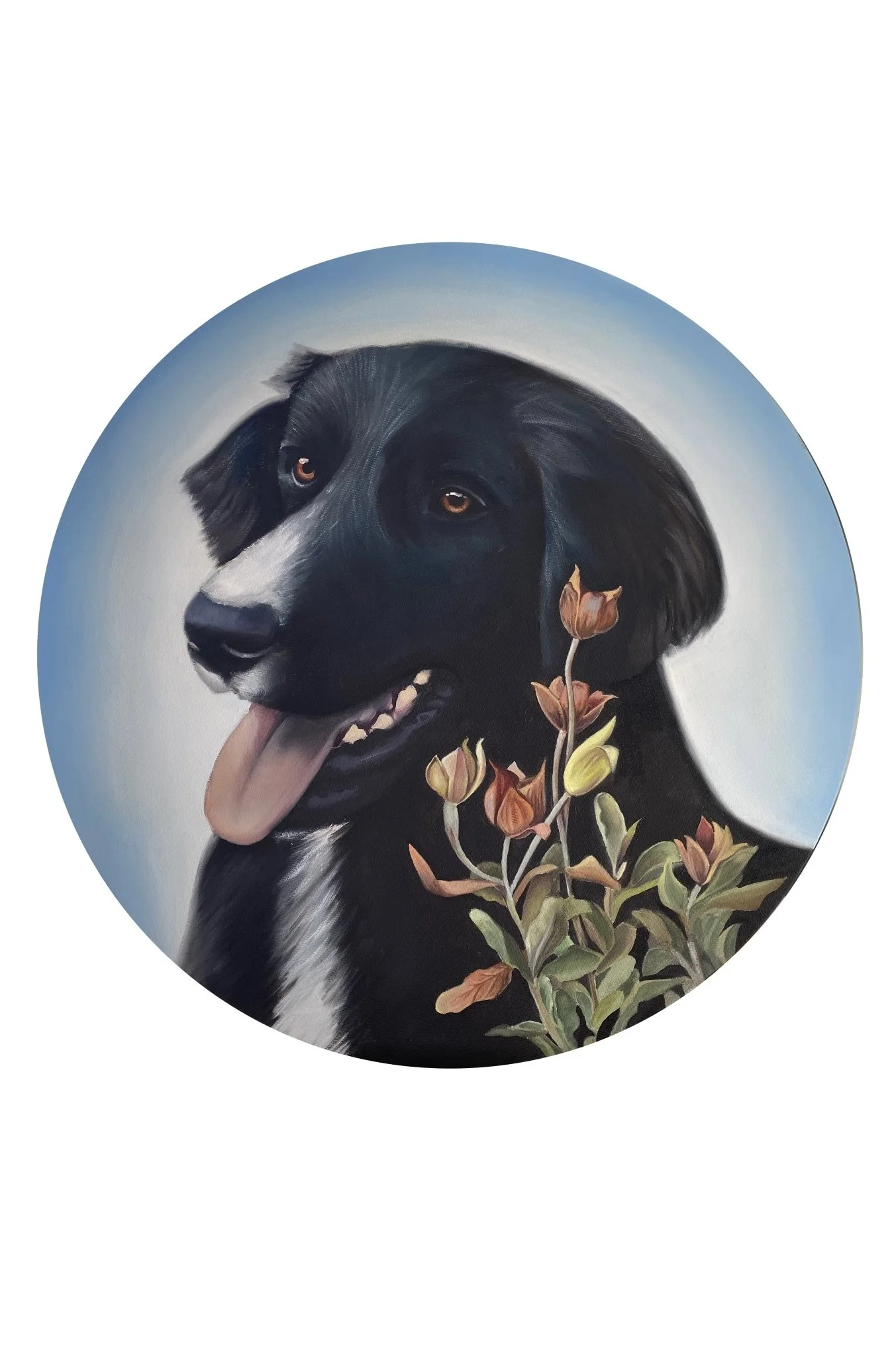 A painted portrait of a black and white Border Collie dog with a pink tongue, surrounded by orange and yellow flowers, against a light blue background.