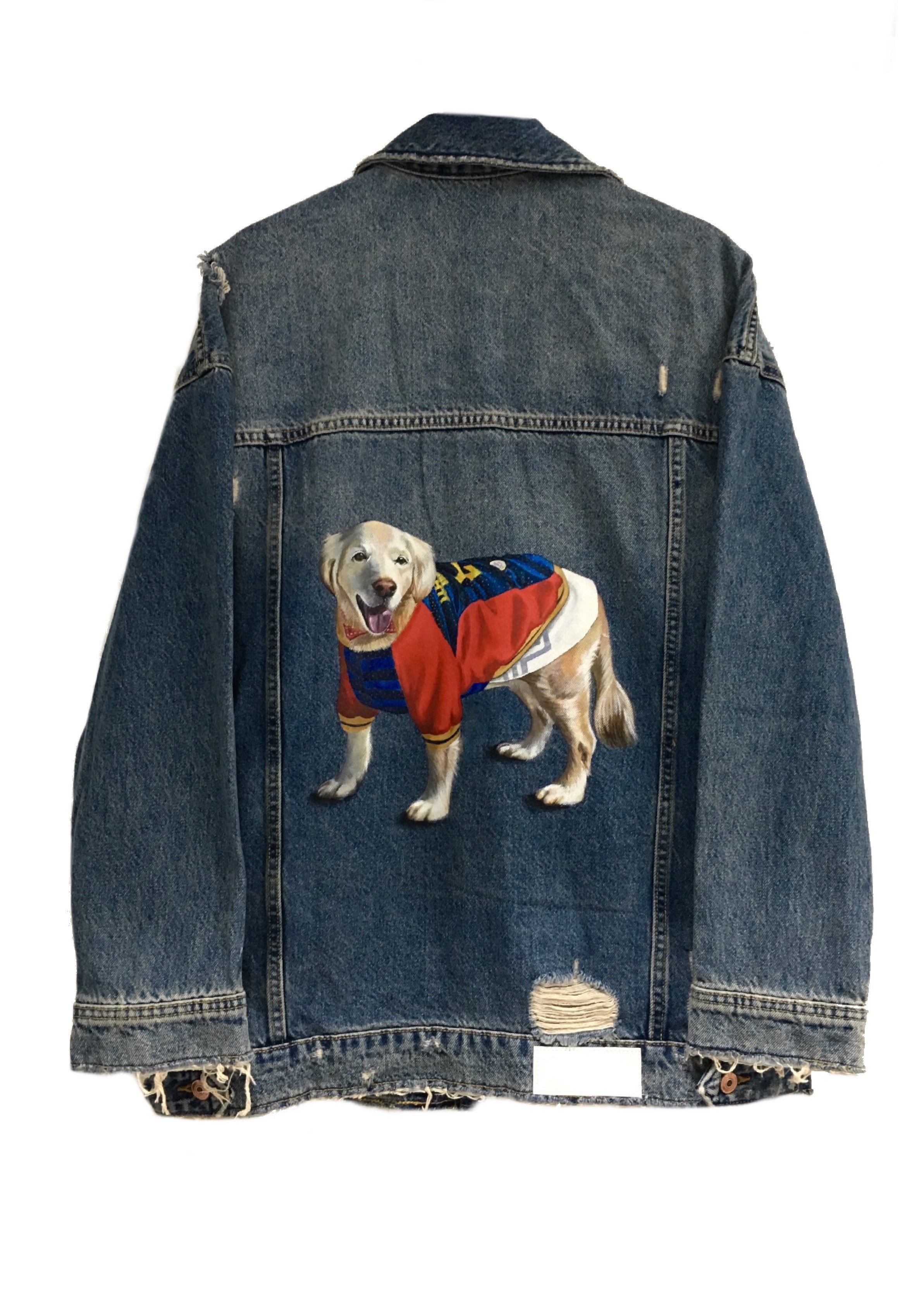 Denim jacket with a painted image of a happy dog wearing a sports jersey on the back.