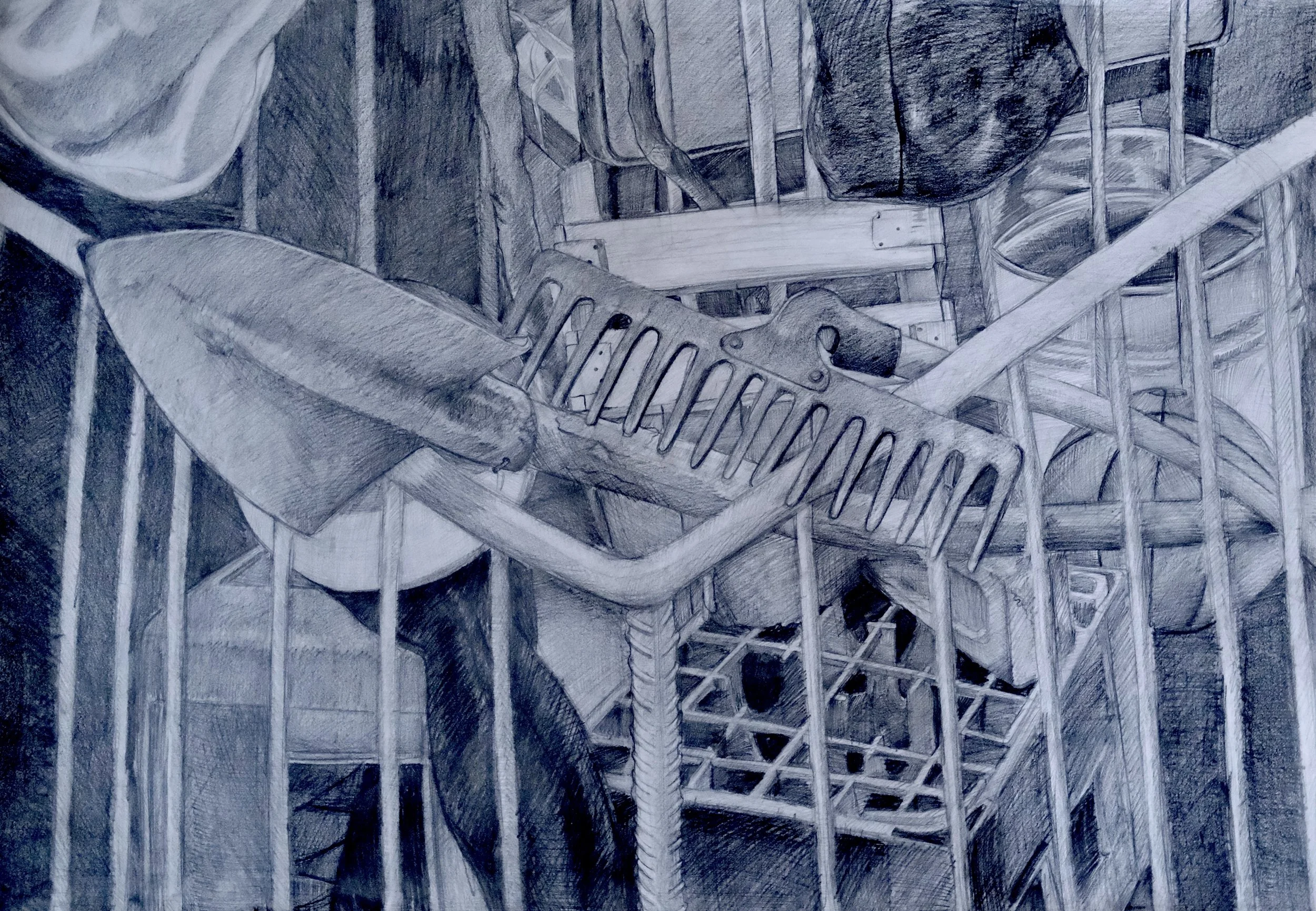 A monochromatic pencil sketch of a playground slide and surrounding structures, including a ladder and railings.