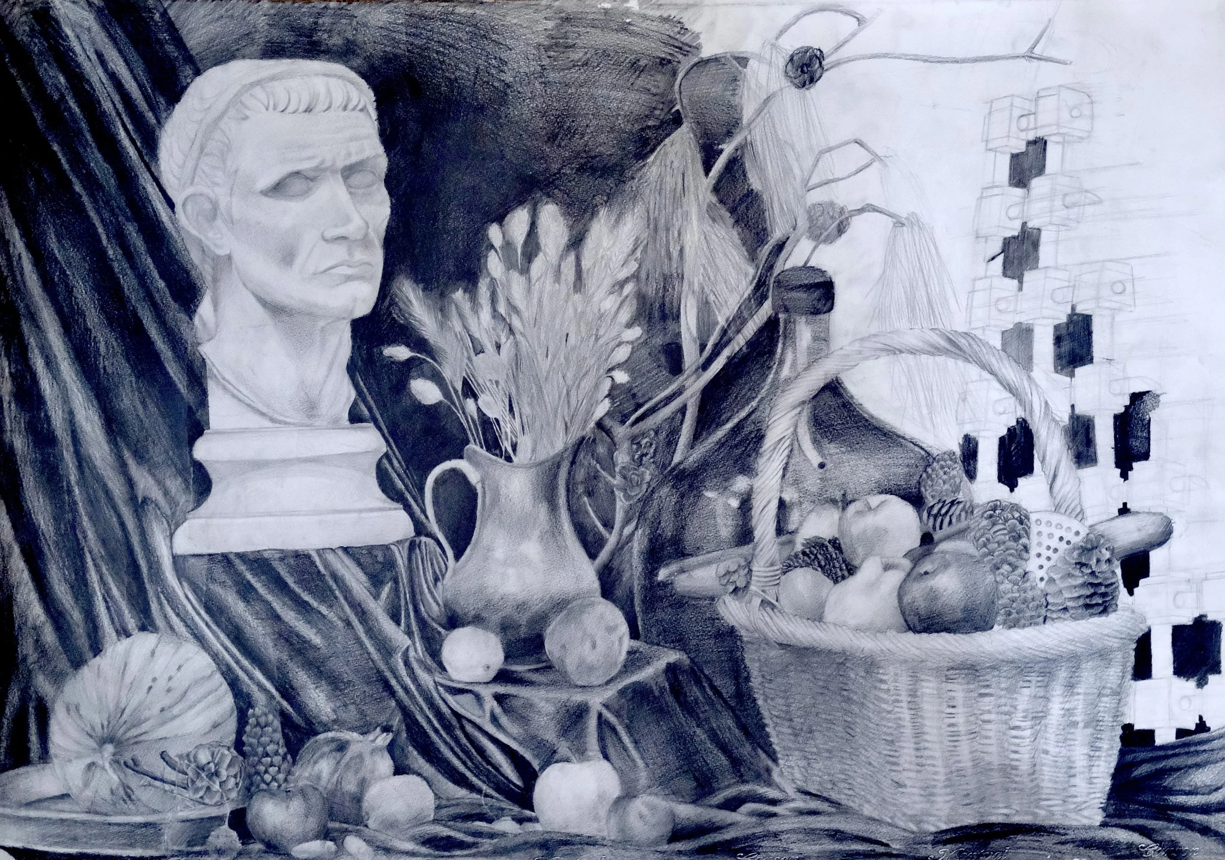 Black and white pencil sketch of a still life scene with a bust portrait, a basket of fruit, a vase with flowers, and various objects on a table.