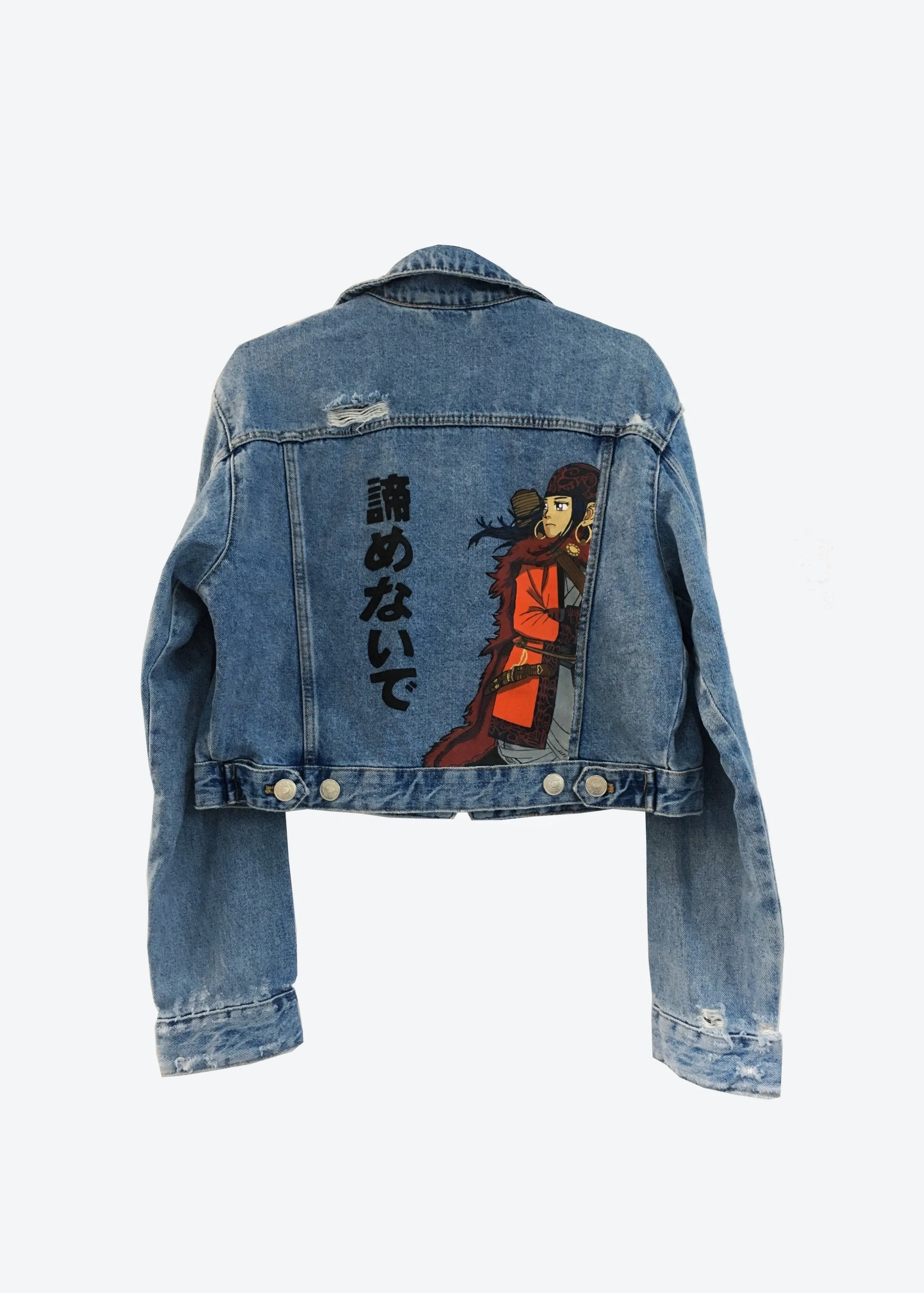 A denim jacket with a large embroidered design of a character in traditional Japanese attire and Japanese text on the back