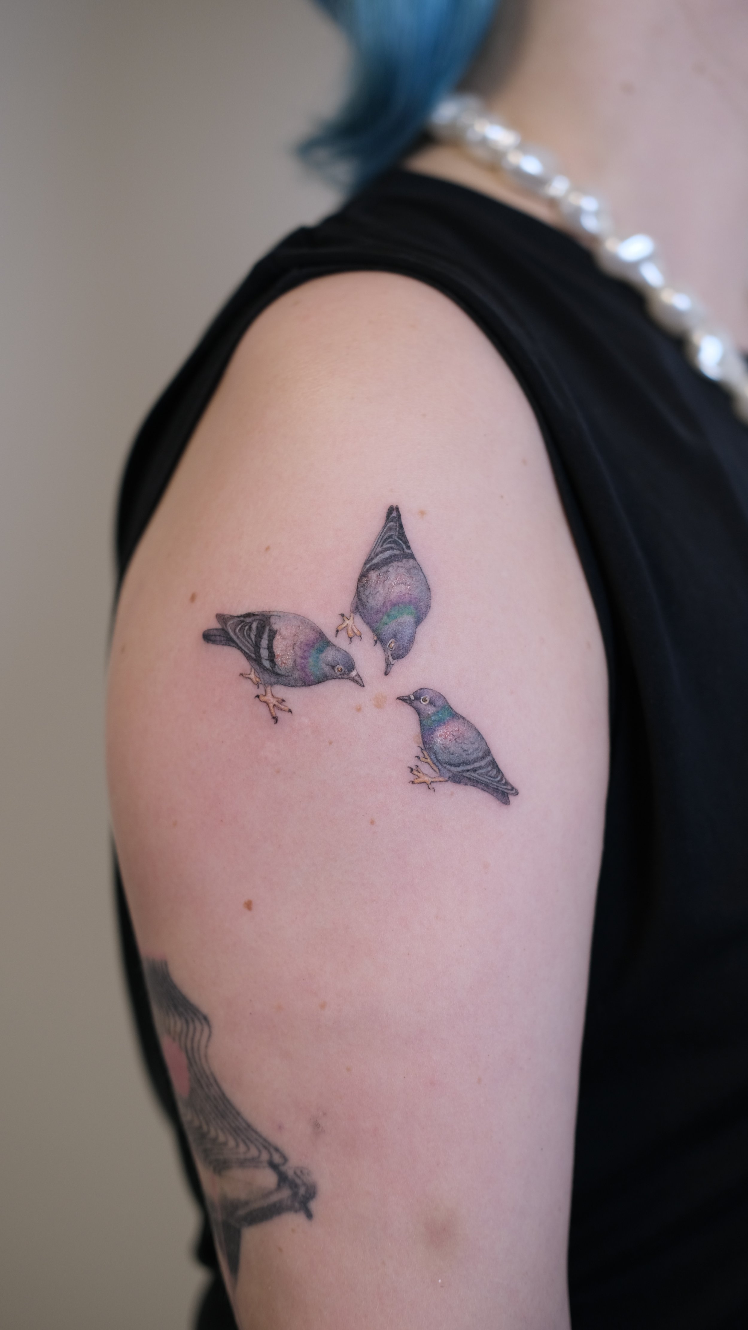 Tattoo of three colorful birds on a person's upper arm.