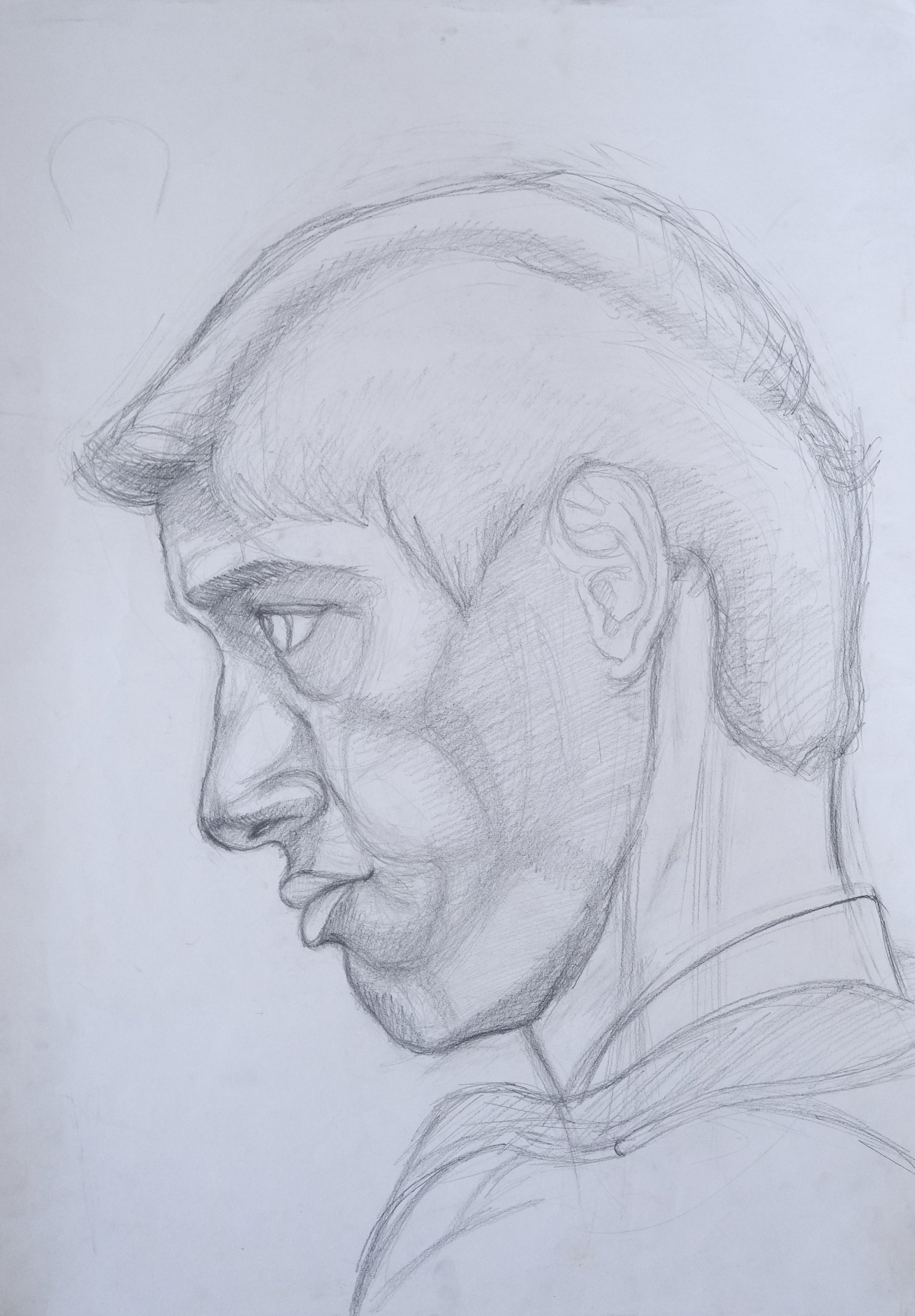 A detailed pencil sketch of a woman's profile with short hair, depicting her face, ear, and part of her neck and shoulder.