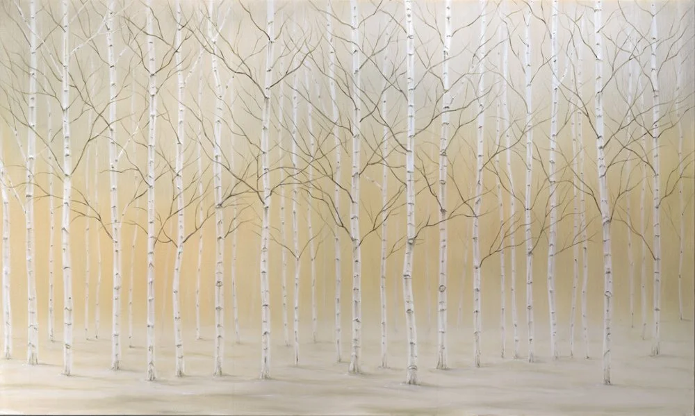 A watercolor painting of a forest with many white birch trees and tiny black branches against a pale yellow background. Art by Bella Bigsby