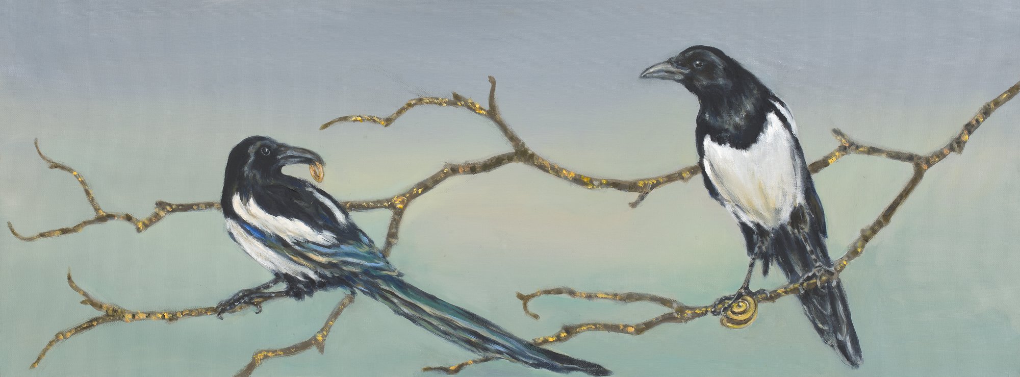 Magpies and Treasures
oil on canvas 12" x 32"