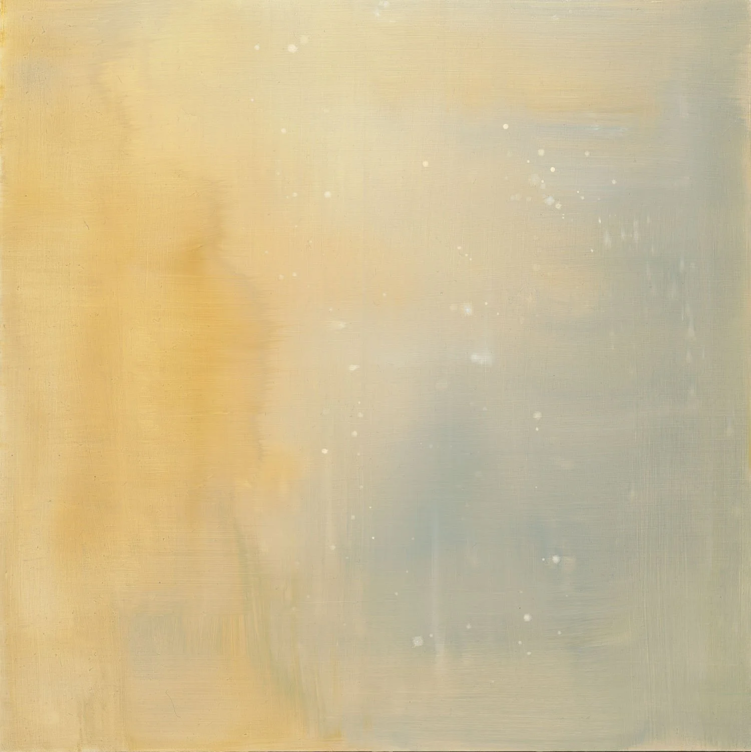Abstract painting with soft yellow, beige, and light green hues with subtle streaks and small white specks. Art by Bella Bigsby