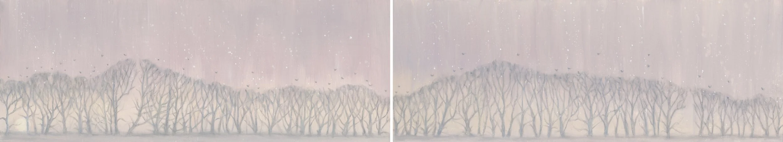 Snowy Tree Line Diptych, oil on canvas, 2 x 12" x 32"