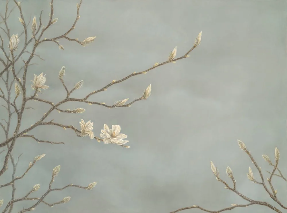 A painted wall featuring branches with budding leaves and a few blooming flowers. Art by Bella Bigsby