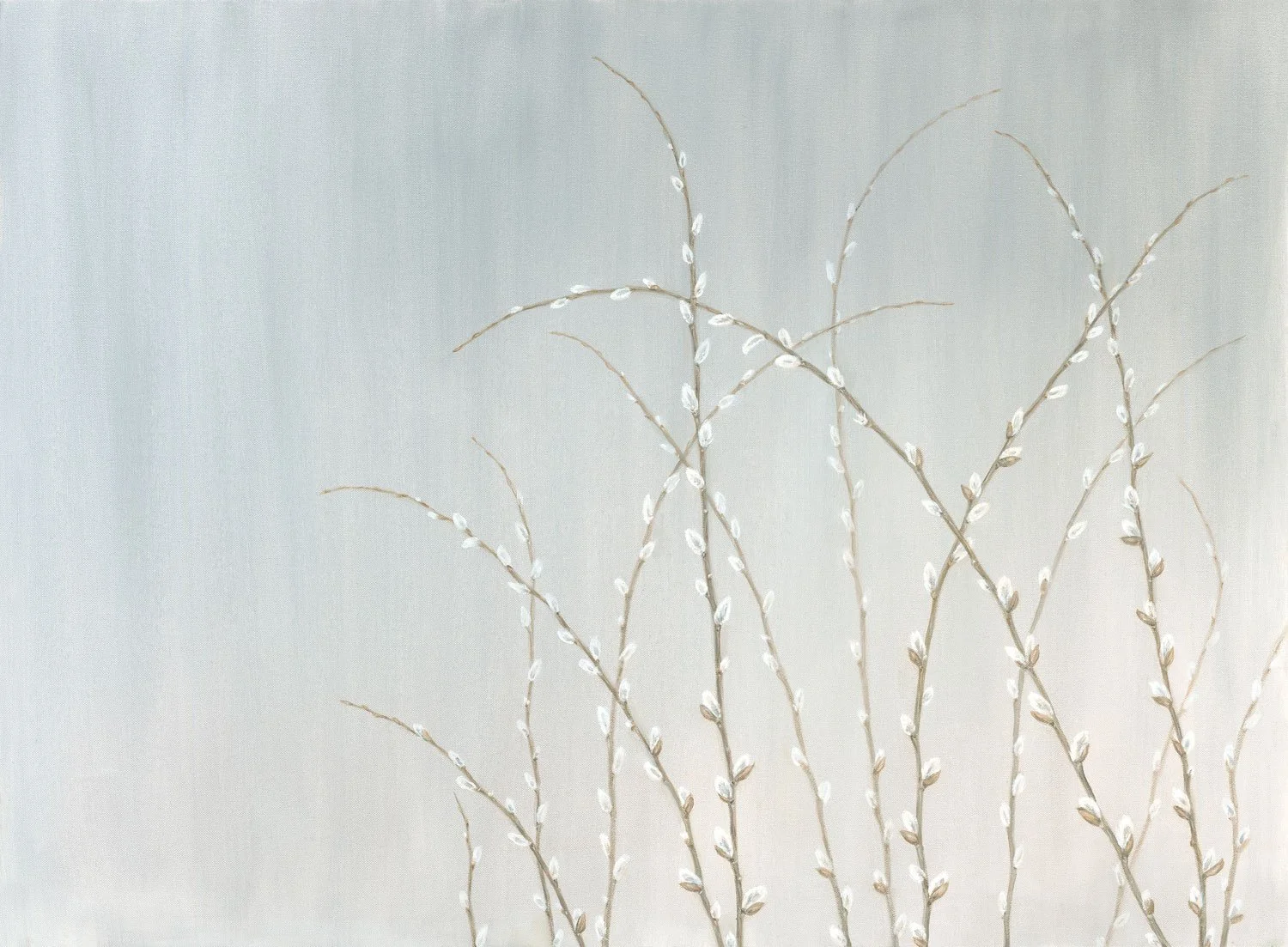 A minimalist artwork featuring tan branches with white oval-shaped leaves or seed pods, set against a light, neutral background. Art by Bella Bigsby