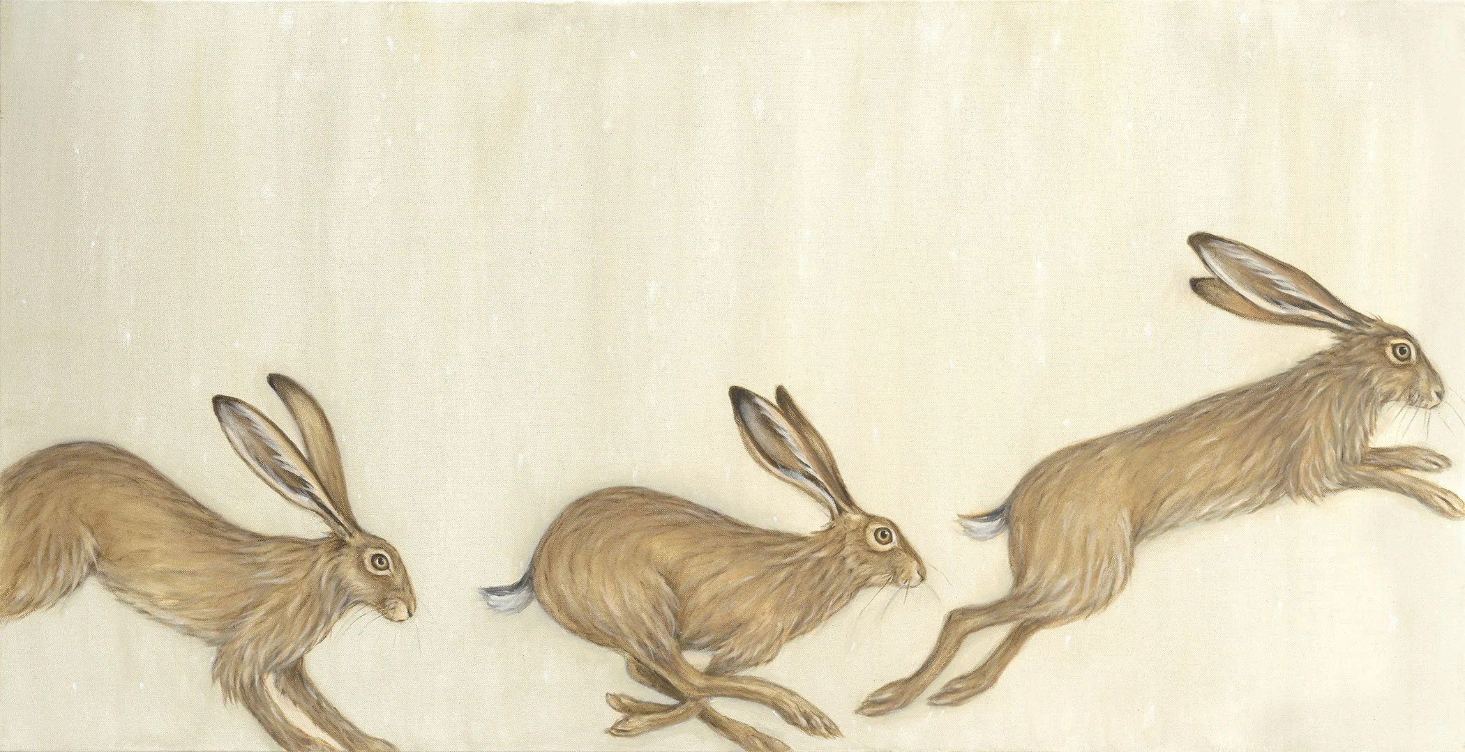 Artwork of three rabbits with elongated bodies and large ears, depicted in motion, on a light background. Art by Bella Bigsby