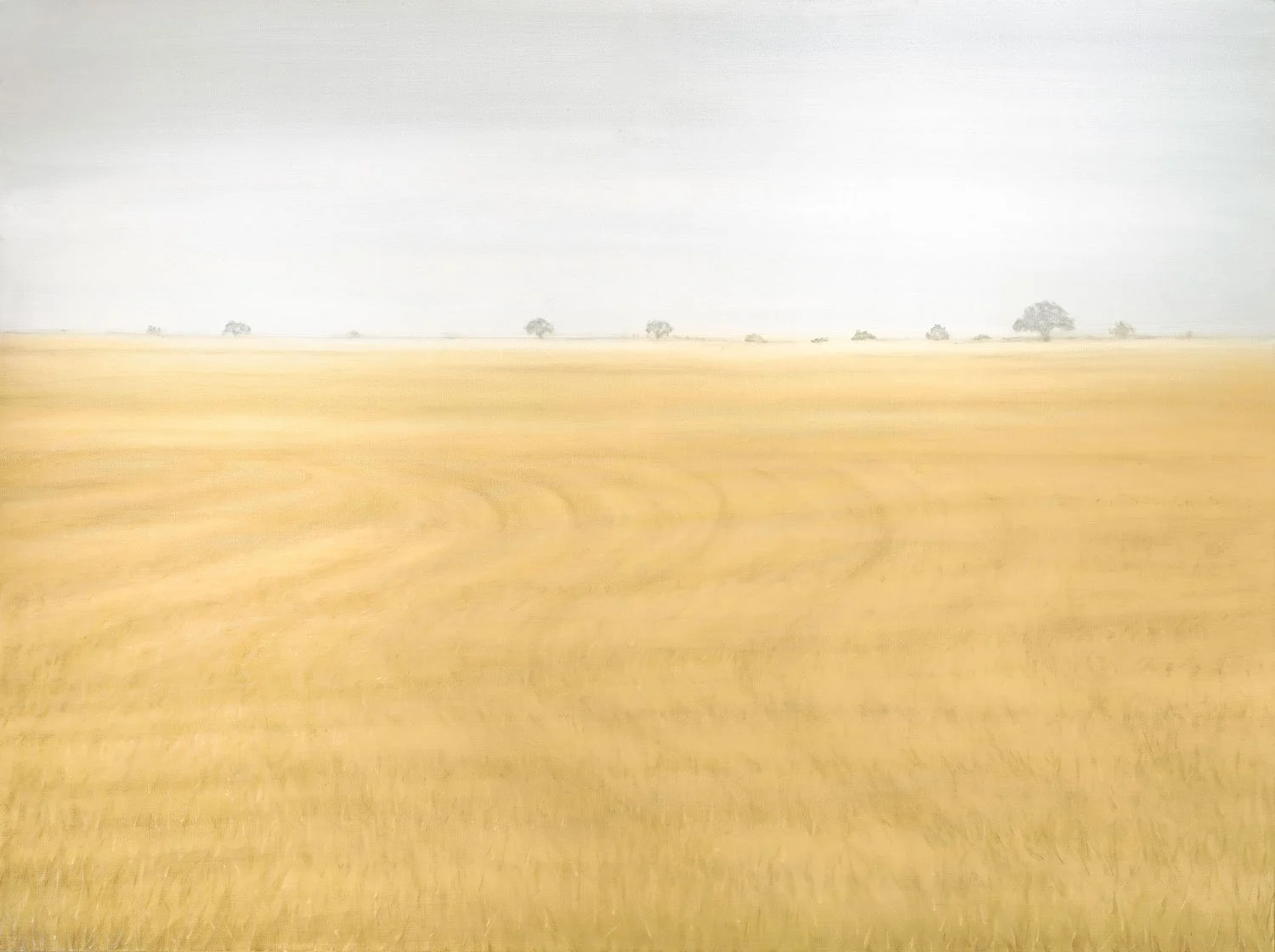 A vast, flat field of golden wheat with a few distant trees on the horizon under a gray sky. Art by Bella Bigsby
