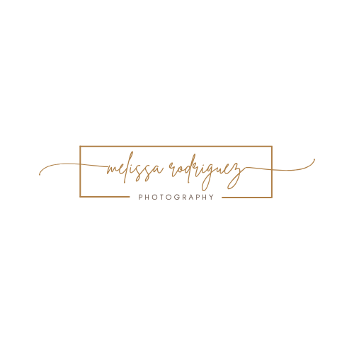 Black background with gold rectangular frame and cursive text reading 'melissa rodriguez' and small uppercase text 'PHOTOGRAPHY' beneath.