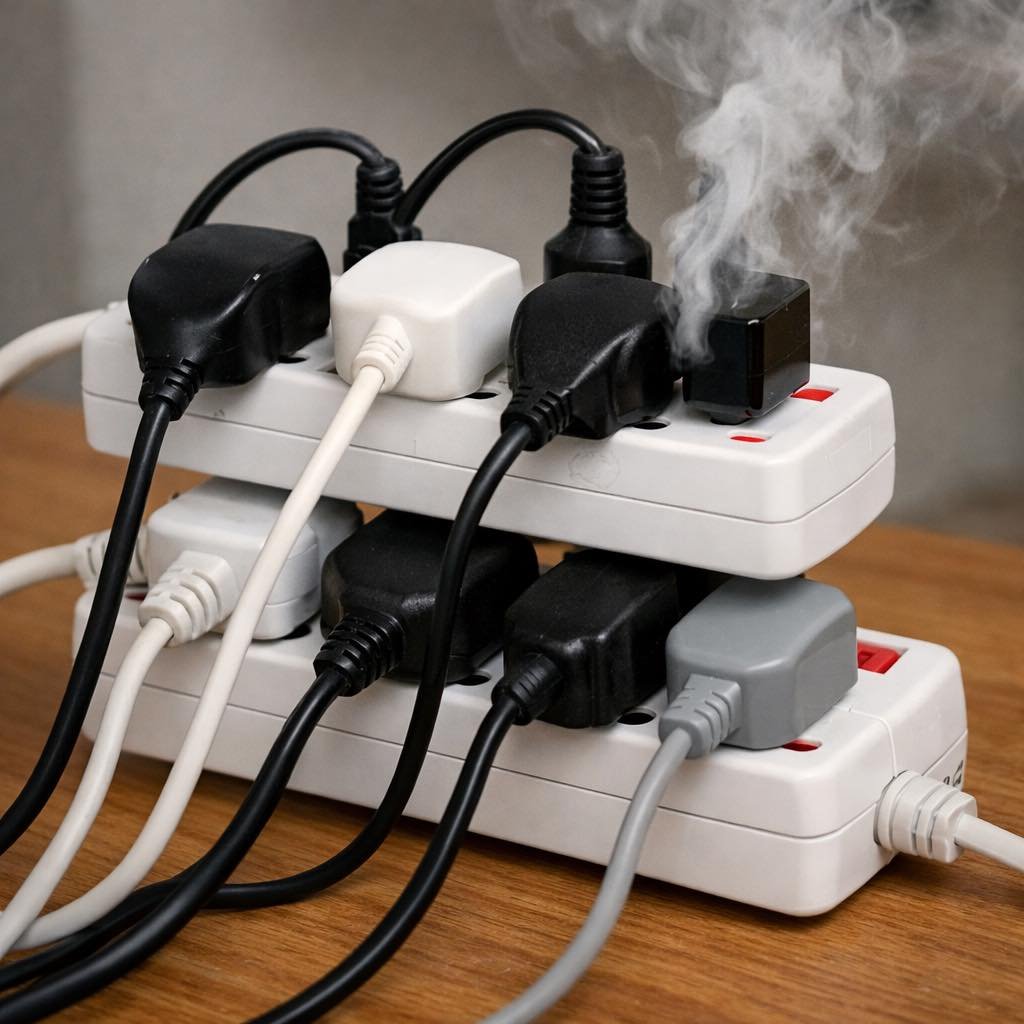 This may look ridiculous but it&rsquo;s more common than you might realise. People don&rsquo;t seem to realise that a 4 way adapter usually has a limit of 13Amps. Plugging one into another to give you 7 sockets can and probably will overload them, wh