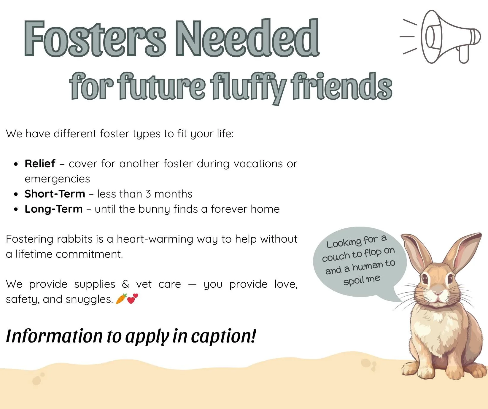 🐇Foster Families Wanted! 
We are just getting started - and we&rsquo;re building a list of amazing fosters who&rsquo;ll be ready to help when rabbits arrive.

We provide supplies &amp; vet care &mdash; you provide the love and safe indoor space.

📩