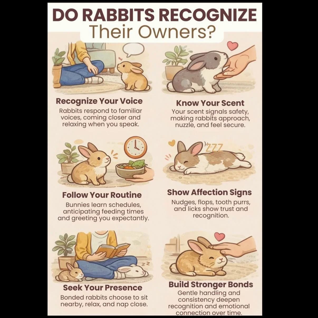 Educational Tuesday 🩵

Rabbits do recognize their owners 🐇
They learn familiar voices, remember scent, follow daily routines, and show trust through behaviors like flopping, nudging, and tooth purring. 

#rabbiteducation #hoppytidesrescue