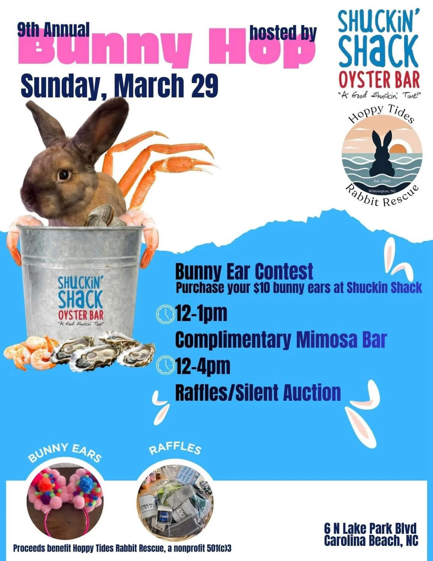 🐰🎉 REMINDER‼️It&rsquo;s almost time to HOP into one of our favorite events of the year!

Join us this Sunday for our 9th Annual Bunny Hop fundraiser hosted by Shuckin&rsquo; Shack Oyster Bar in support of Hoppy Tides Rabbit Rescue 💙

✨ Bunny ear c