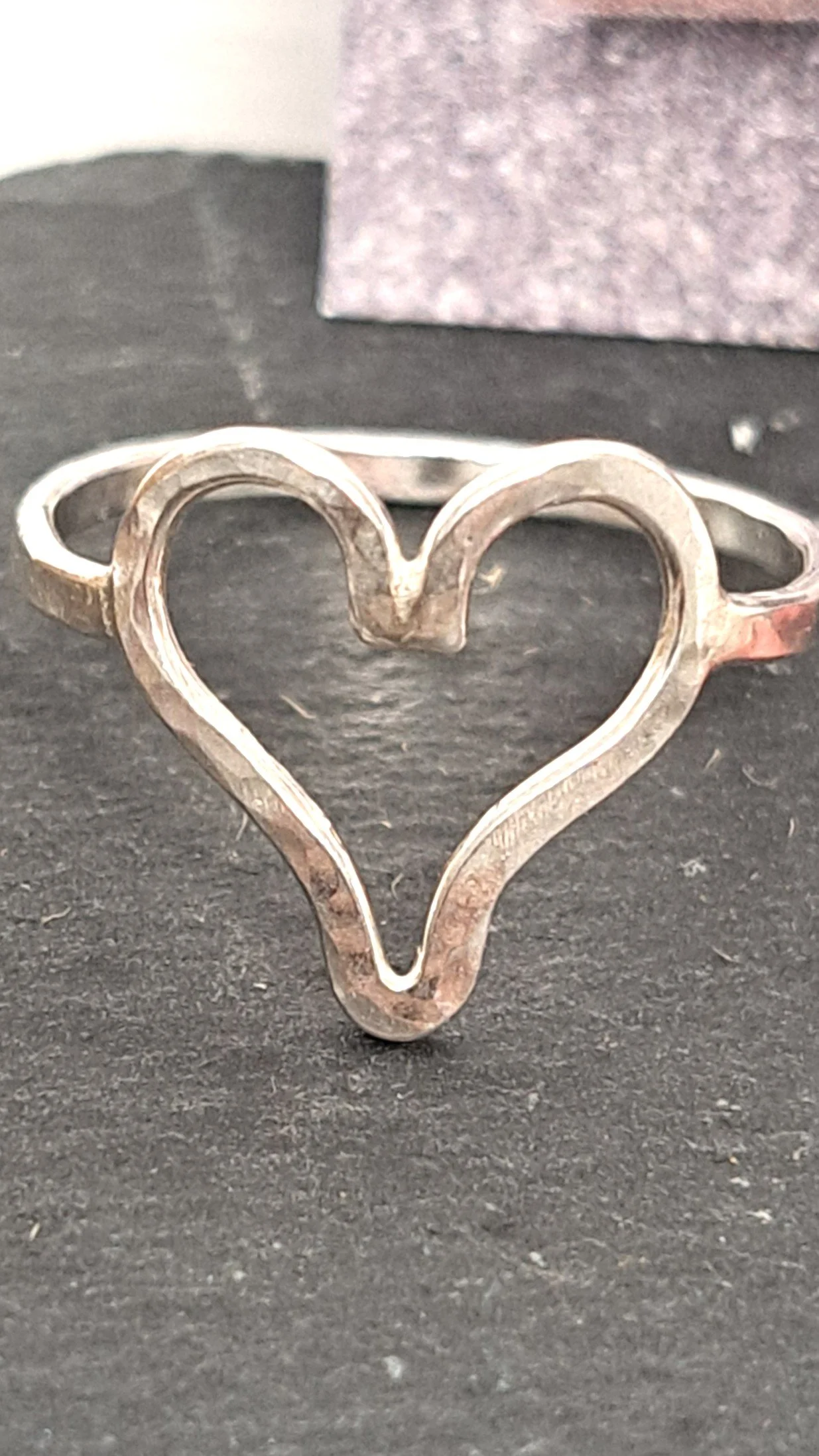 Hammered Open heart silver ring - Size Q