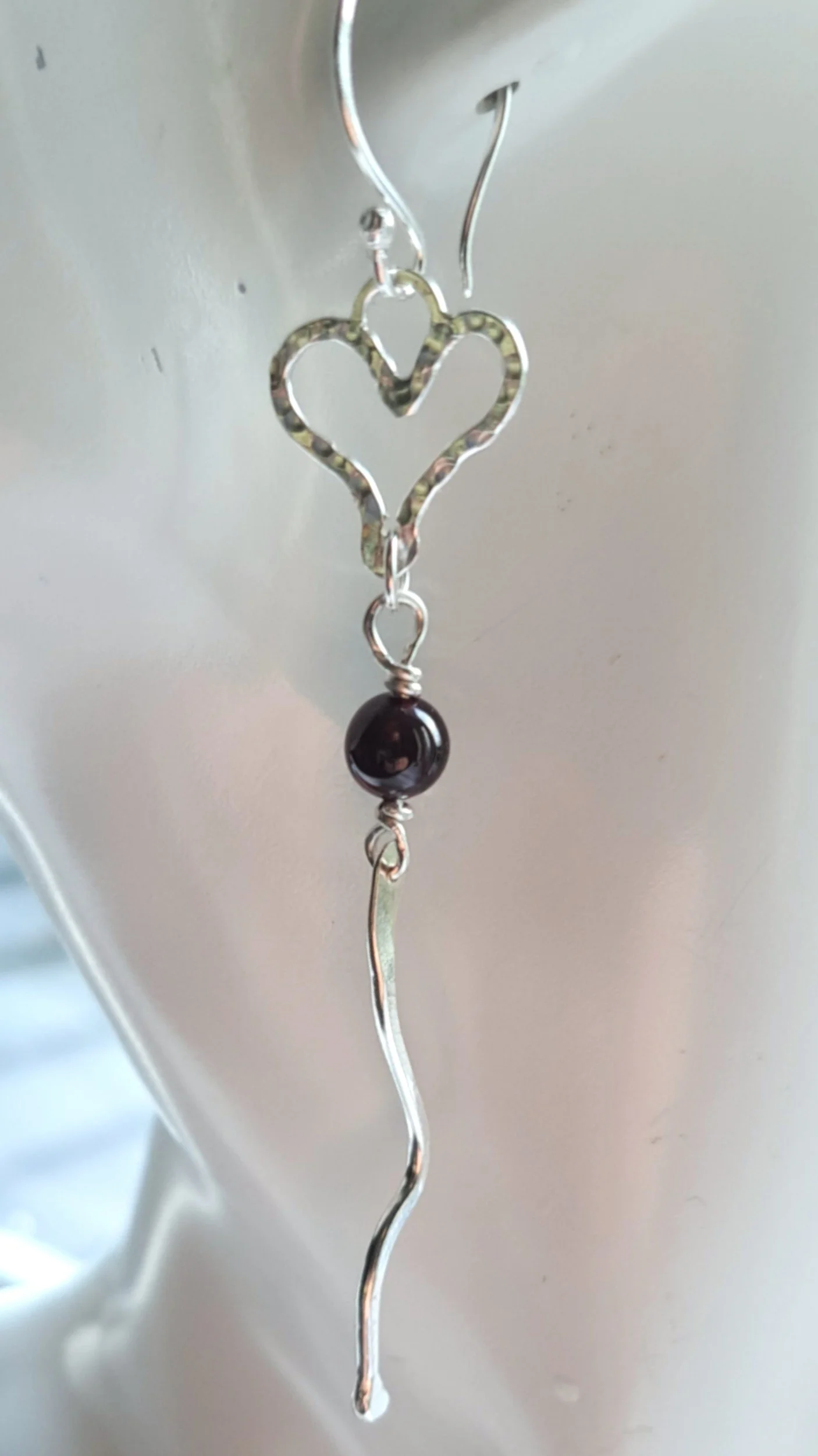 Heart & Garnet long drop silver earrings
