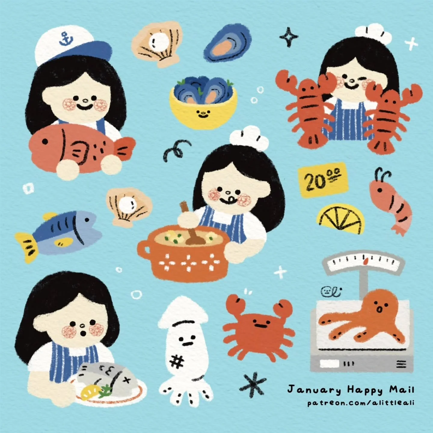 JANUARY REWARDS 🍤

Starting 2026 with some seafood joy! 🐟💙 This month&rsquo;s rewards were inspired by my seaside road trip &mdash; featuring a brand new sticker sheet full of fishy friends + a die-cut sticker of a seafood truck and a little fishe