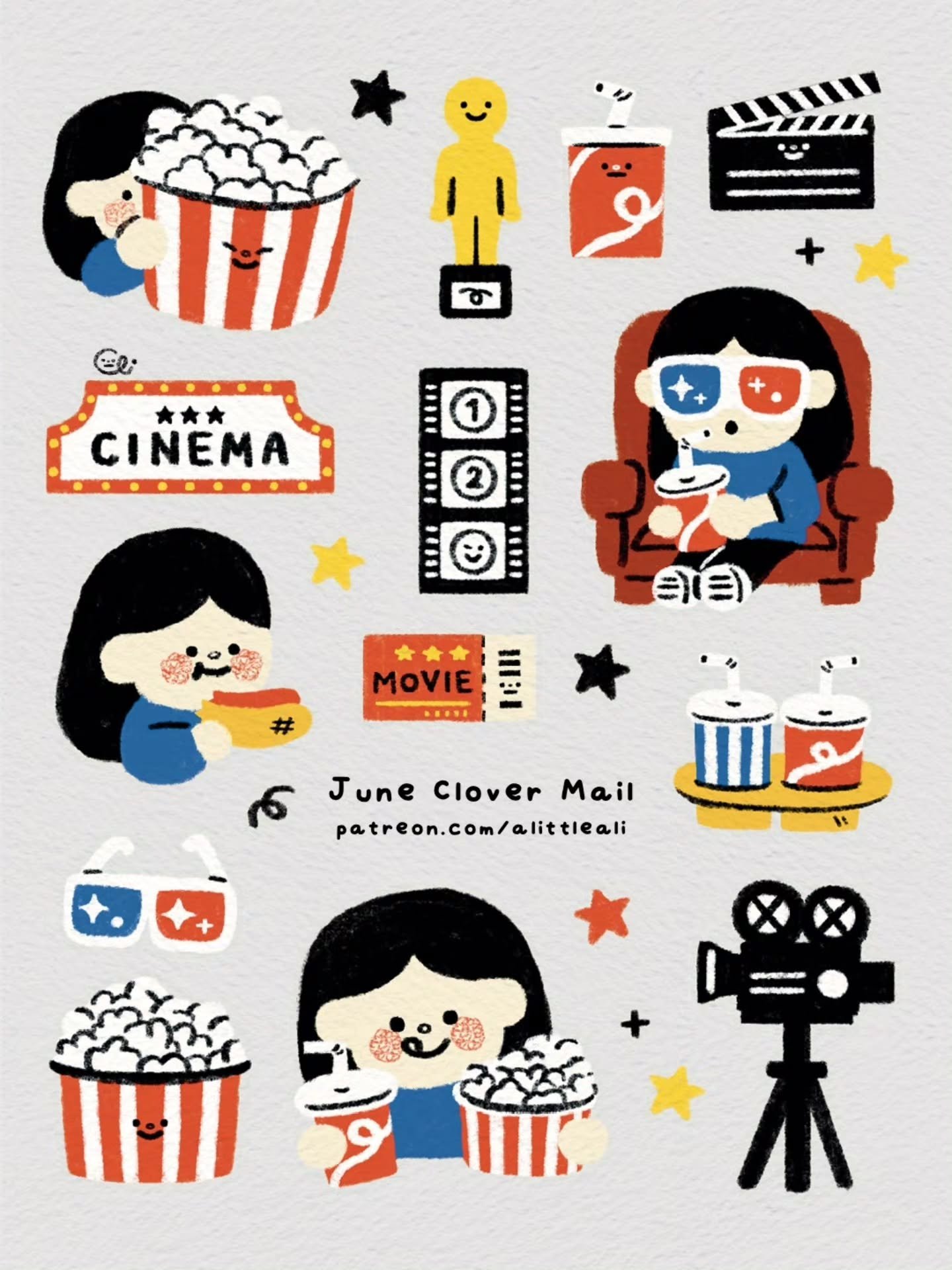 This month's theme is Cinema Night! 🎥 Inspired by one of my favourite ways to spend an evening: watching movies with a giant bucket of popcorn🍿

This month's clover mail includes:
📽 A cinema-themed sticker sheet
🍿 A popcorn buddy diecut sticker
?