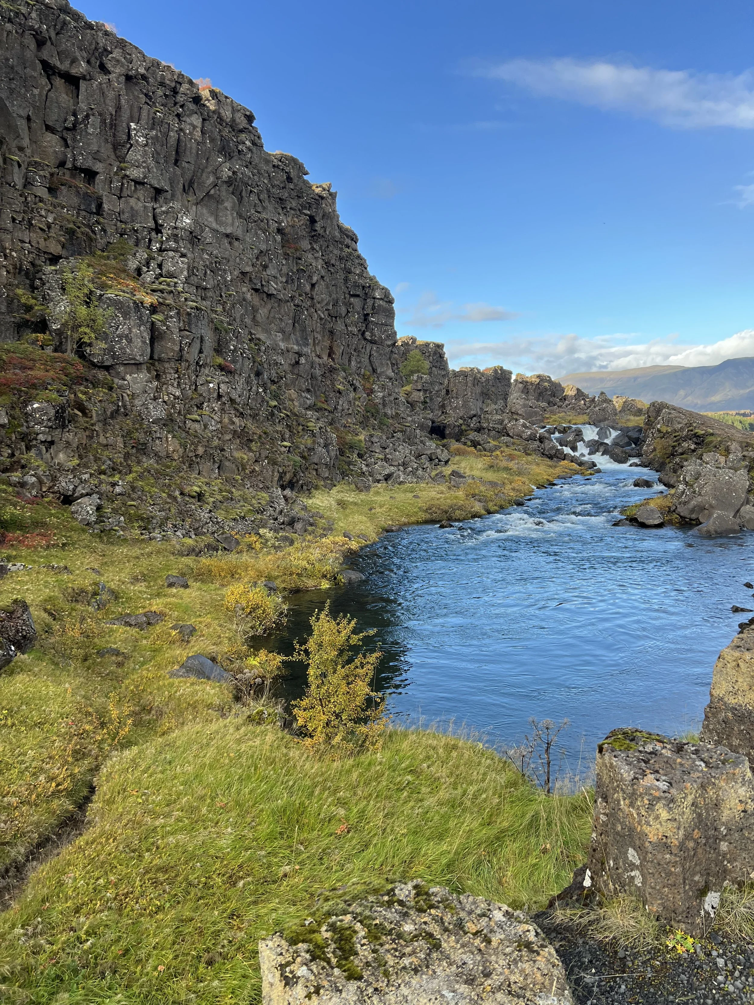 ÞIngvellir National Park. A river flowing through a rocky canyon with green grass and yellowing bushes on the banks, and a bright blue sky with some clouds overhead.