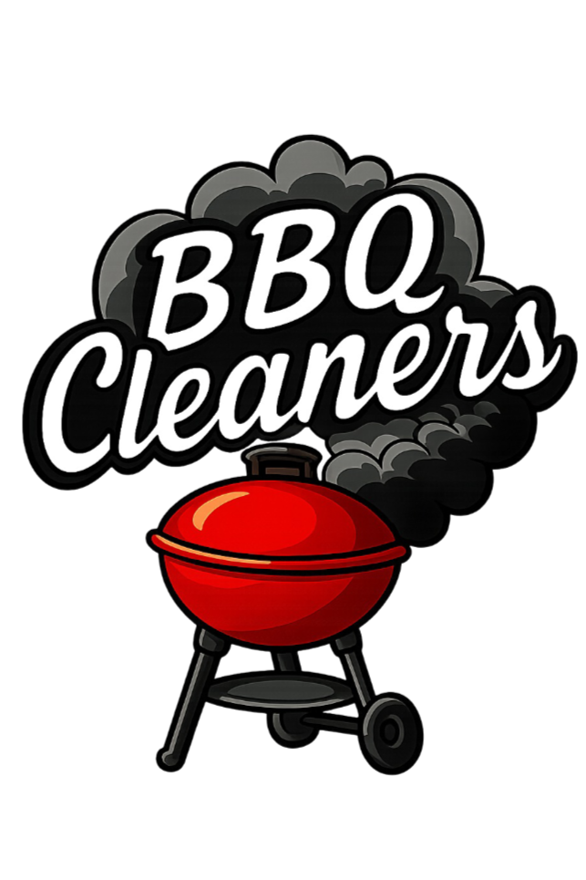 A red barbecue grill emitting black smoke, with the words 'BBQ Cleaners' in stylized white font above it.